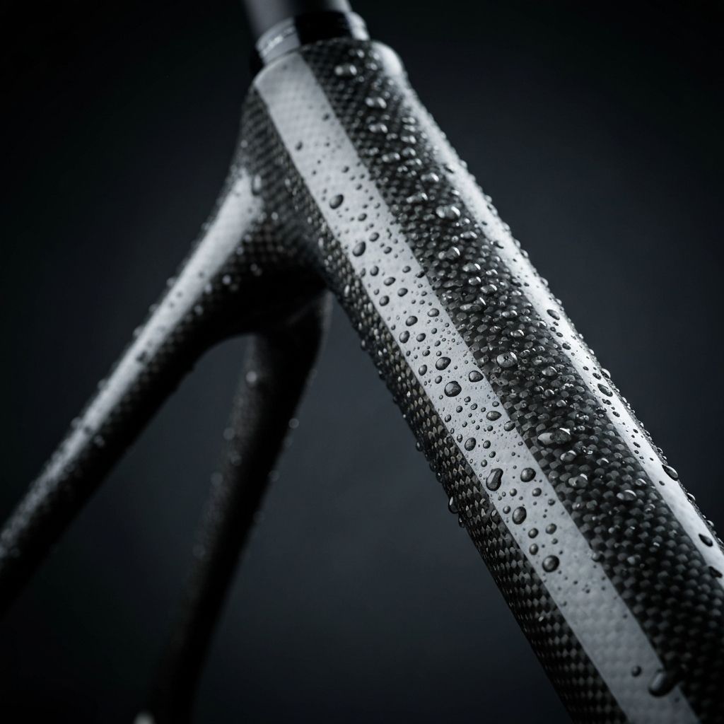 Carbon fibre bike frame with Fortress ceramic coating showing water beading